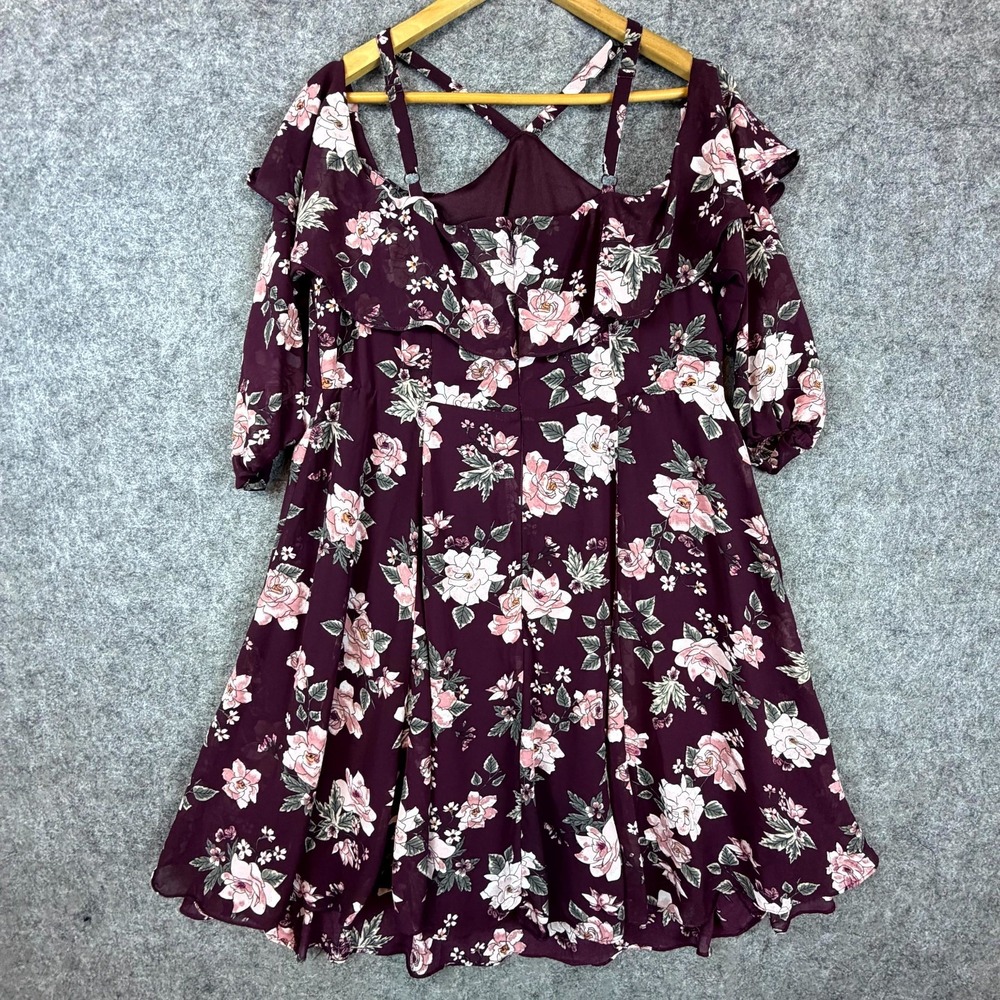 Torrid Skater Dress Womens 18 Burgundy Floral Ruffle Cold Shoulder Chiffon